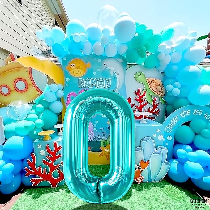 KatchOn, Huge Aqua Blue 0 Balloons - 40 Inch | Turquoise Balloons | Teal Number 0 Balloon | Turquoise Number Balloons for Mermaid Birthday Decorations | Aqua Decorations, Ocean Themed Birthday Party