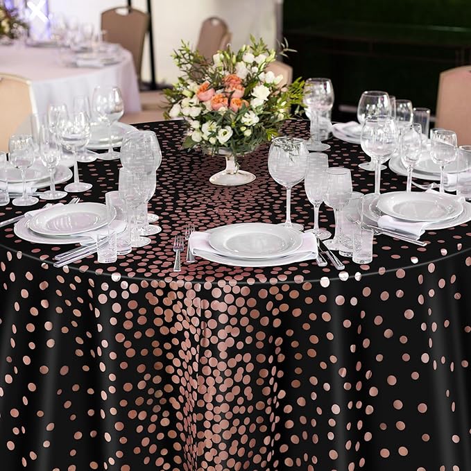VitalCozy Round Dot Tablecloth 84 Inch Plastic Table Cover Polka Dot Confetti Tablecloths for Easter 2026 Graduation Prom Wedding Birthday Spring Party Supplies(Black and Rose Gold,3 Pcs)