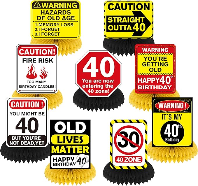 Funny 40th Birthday Decorations 9Pcs 40th Birthday Honeycomb Centerpieces for Adults 40 Years Old Party Decor, Cheers to 40 Years Party Banner Table Topper Caution Logos Sign for Men Women