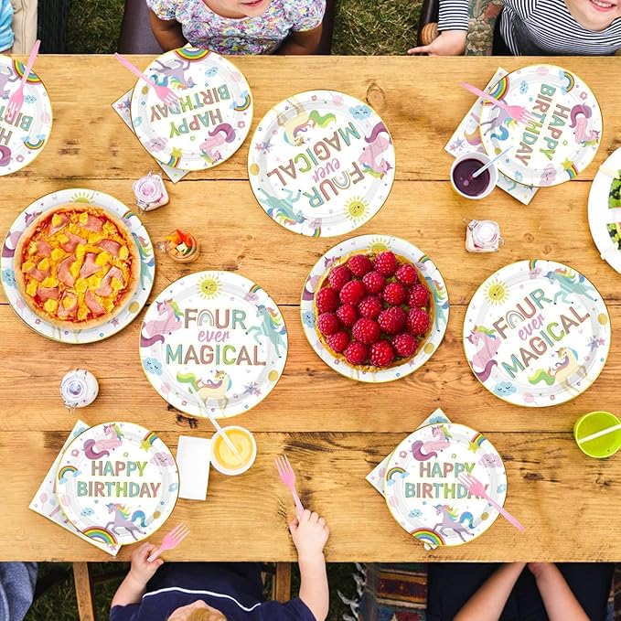Grencian 96pc Unicorn 4th Birthday Party Supplies Magical Pastel Rainbow Unicorn Plates Napkins Forks Serves 24