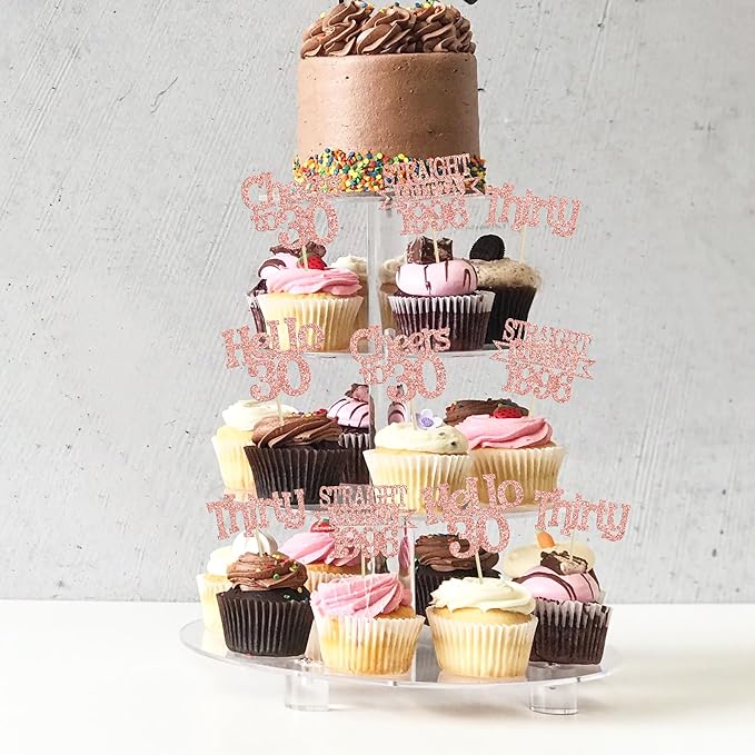 Ephlyn 24Pcs Happy 30th Birthday Cupcake Toppers Glitter ThirtyCupcake Picks Hello 30 Cheers to 30 Years Cake Decorations for 30th Birthday Anniversary Party Decorations Supplies Rose Gold