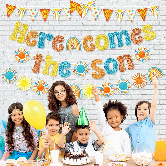 Pasimy Here Comes The Son Baby Shower Decor, Boho Retro Groovy Pennant Banner Sunshine Cutouts Banner for Boy First Trip Around The Sun 1st Birthday Party Supplies