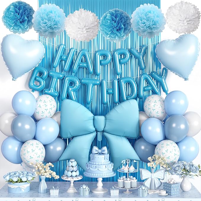 Blue Birthday Decorations, White Sand Happy Birthday Balloon Banner with Bow and Heart Foil Balloons Fringe Curtain Tissue Paper Pompoms Garland Party Supplies for Boys Men Girls Women