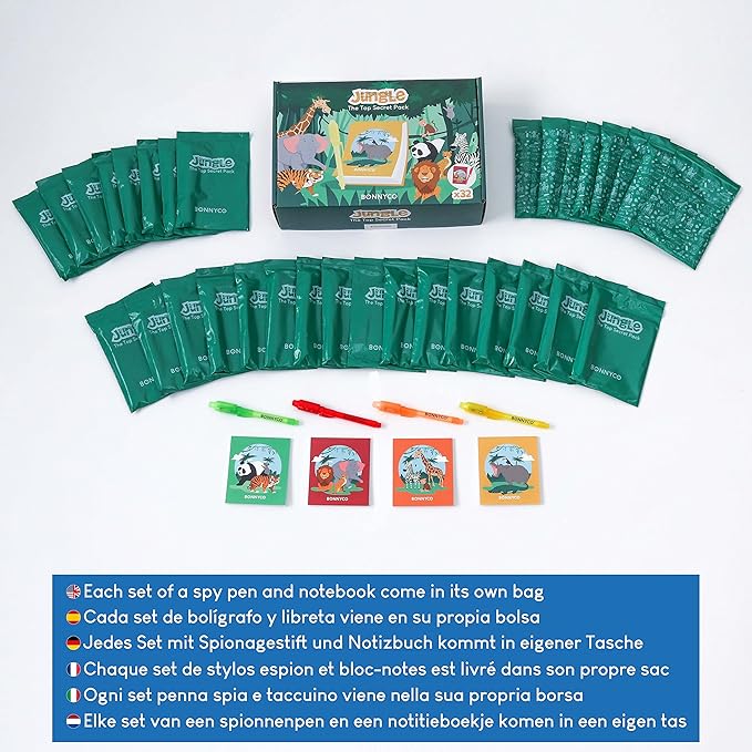 BONNYCO Invisible Ink Pen and Notebook Pack 32, Safari Party Favors for Kids. Magic Spy Pen, Goodie Bags Stuffers for Kids. Jungle Goody Bag Stuffers, Return Gifts Birthday. Classroom Prizes Students