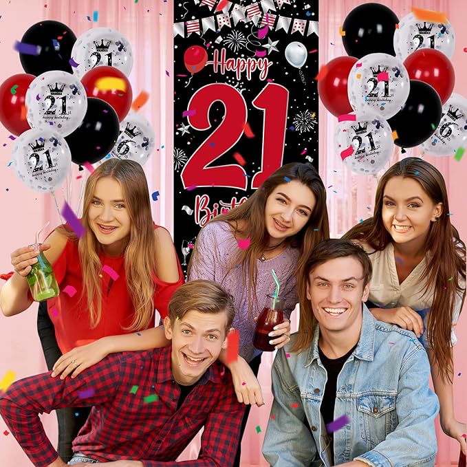 21th Birthday Decorations for Him Her, Red Black Happy 21st Birthday Decorations for Men Women, Boys 21st Bday Door Banner, Triangle Flag, Large 21 Balloons Decor for 21 Year Old Party