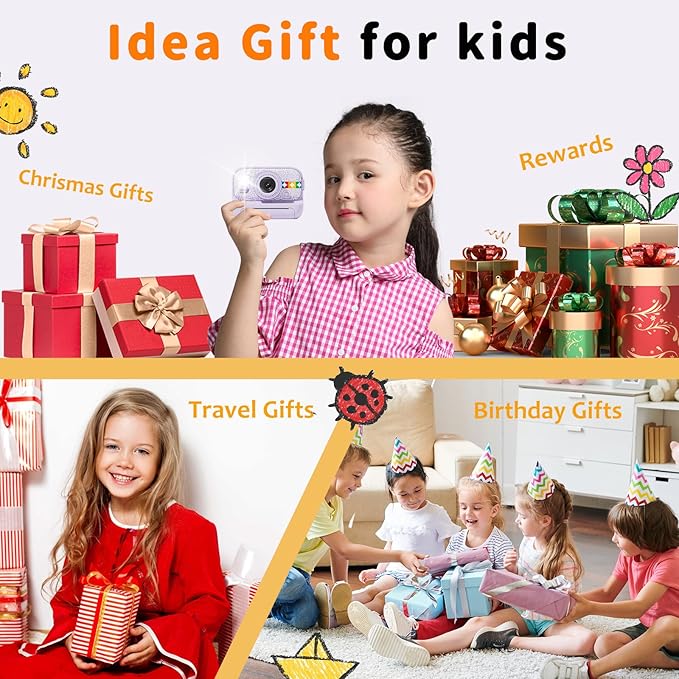 Instant Print Camera for Kids, Christmas Birthday Gifts for Girls Boys Age 3-12, Thermal Printing,1080P Digital Video Portable Travel Toddler Toy Camera Purple