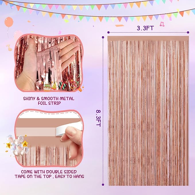 Rose Gold 2 Pack Metallic Tinsel Foil Fringe Curtains, 3.3x8.3 Feet Rose Gold Streamers for Party, Door Streamers Party Decorations, Party Streamers for Birthday Christmas Party Decorations