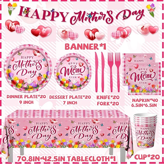 GREHUMOR 142Pcs Happy Mother's Day Party Supplies Pink Mother's Day Tableware Floral Flowers Tulip Disposable Paper Plates,Tablecloth,Napkins,Cups,Forks and Knives for Best Mom Ever Party Decorations