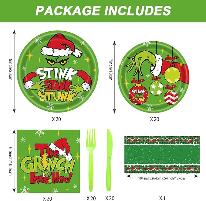 101 PCS Grinchmas Plate Set Christmas Tableware Set for Christmas Party Supplies Birthday Party Decoration