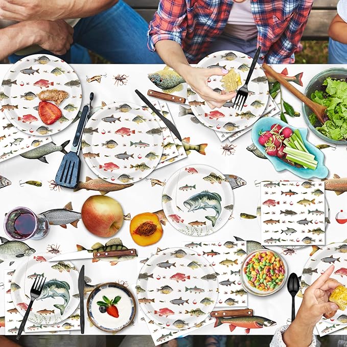 170PCS Fishing Birthday Party Decorations Gone Fishing Party Decorations Include Plates, Cups, Cutlery, Banner, Tablecloth for Ofishally One Birthday Decorations