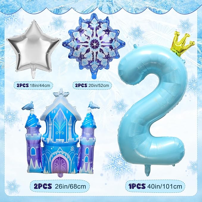 7Pcs 2nd Birthday Party Decorations Balloons,Winter Snowflake Balloons Large Blue 40 Inch Number 2 Balloon Foil Star Castle Ballon for Birthday Party Favor Decor Supplies Winter Wonderland Decoration