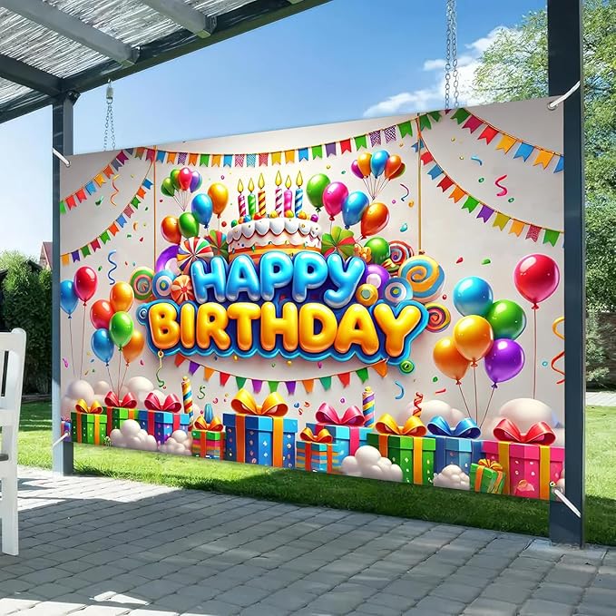 Happy Birthday Banner Decrations Colorful Backdrop Balloons Confetti Cake Background Decoration 84x60 Inch for Kids Boys Girls Photo Booth Party Supplies for Girls or Boys Gifts