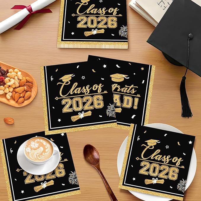 50 Pcs Graduation Napkins Class of 2026 - Black Gold Congrats Grad Napkins Set, 3-Ply Disposable Graduation Luncheon Dinner Party Paper Napkins for Graduations Party Supplies Table Decoration