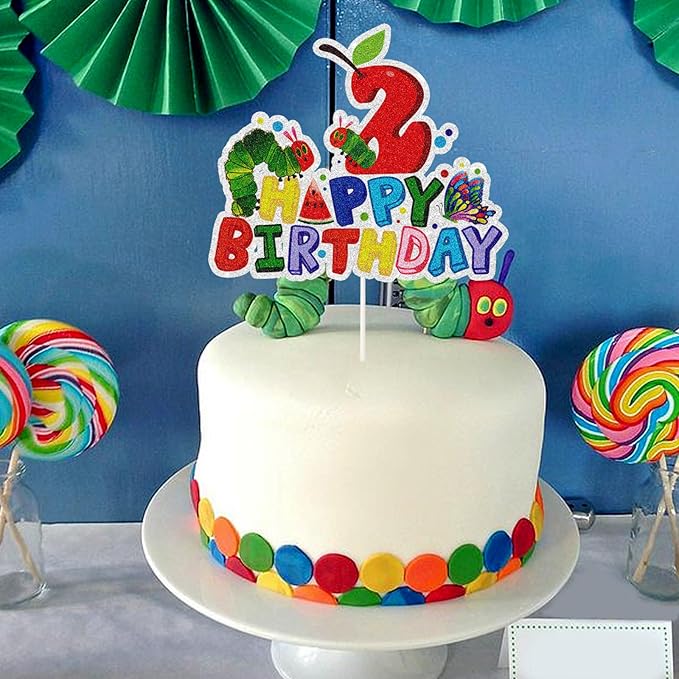 Hungry Caterpillar Happy 2nd Birthday Cake Topepr,Reading Story Theme Two Year Old Cake Decor,Summer Spring Second Birthday Party Decorations for Boys Girls