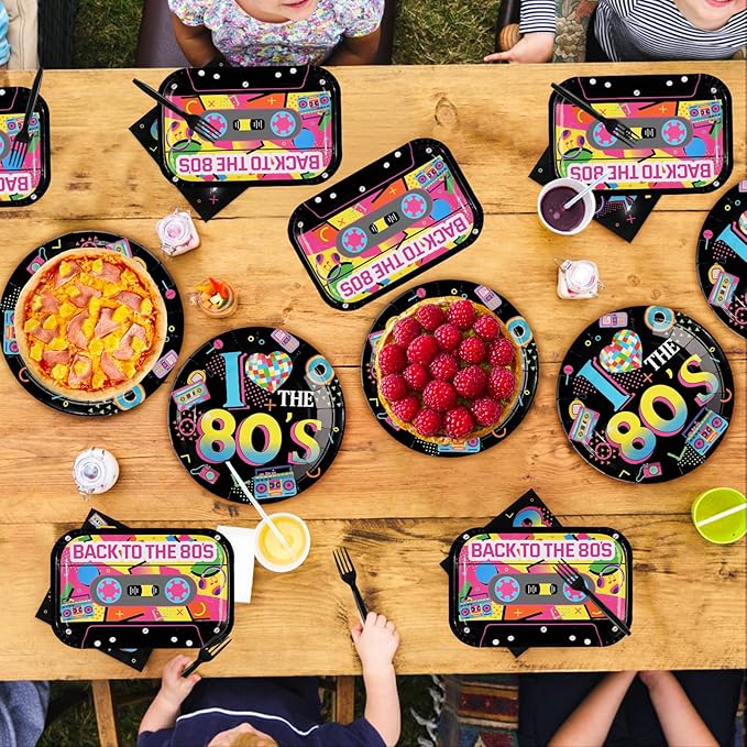 96Pcs 80s Party Decorations Back to The 80's Theme Plates and Napkins Tableware Sets Retro Colorful Hip Hop Decorations for Birthday Wedding Anniversary 1980's Party Supplies Serves 24
