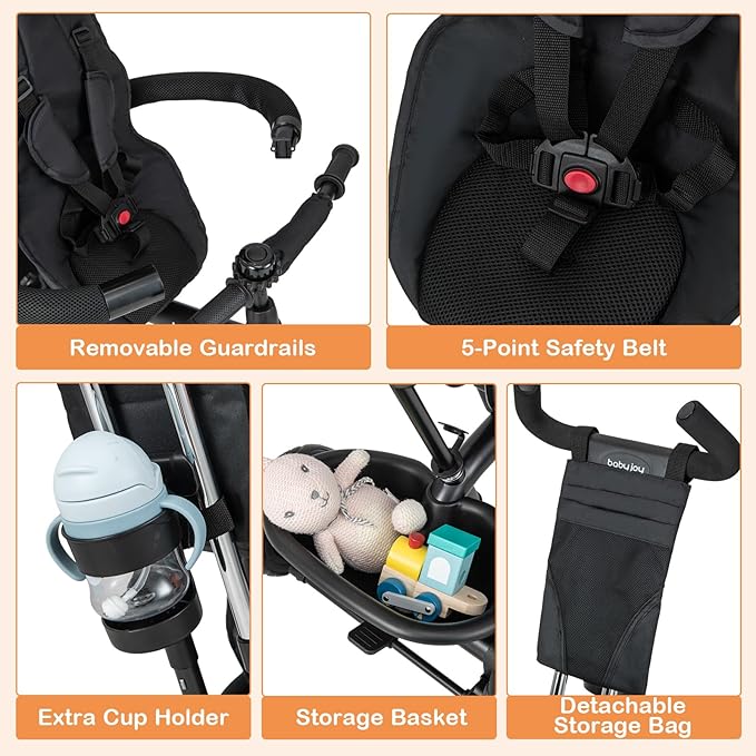 BABY JOY Tricycle, 4 in 1 Toddler Bike w/Removable Canopy, Adjustable Push Handle, Reversible Seat, Safety Belt, Folding Footrest & Storage Basket, Toddler Tricycle for Boys Girls 9-60 Months (Black)