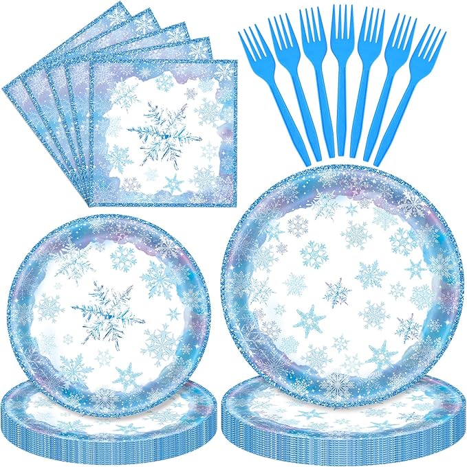 96 Pieces Snowflake Winter Tableware Set – Blue Disposable Plates, Napkins, and Forks for Frozen Birthday Parties, Christmas Dinners, Holiday Gatherings, and Winter Celebrations – Serves 24 Guests