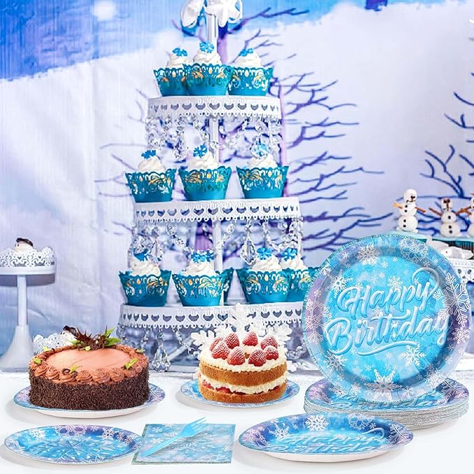 Grencian 96 Pcs Frozen Party Supplies Disposable Winter Snowflake Frozen Plates and Napkins Fork Tableware Set Frozen Birthday Party Decorations for Christmas Winter Onderland Decorations Serves 24