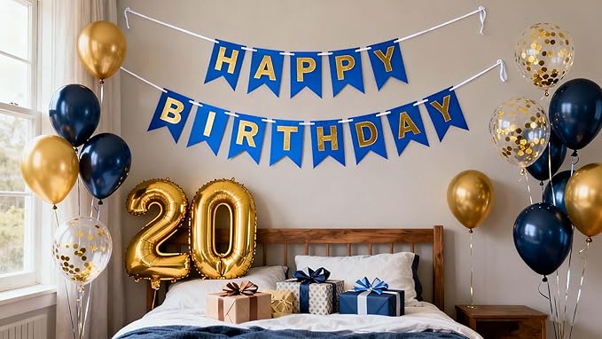 20th Birthday Party Decorations for Men, Navy Blue Gold Happy 20th Birthday Banner Number 20 Foil Balloons Metallic Latex Confetti Balloons for Men Him 20 Years Old Birthday Decoration (20th)