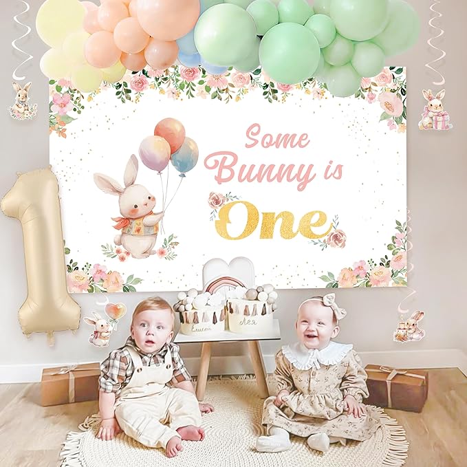 Some Bunny is One Decorations, 142PCS First Birthday Decorations with Backdrop, Hanging Swirls Ceiling Decoration and Balloons for Girl Rabbit Themed Party