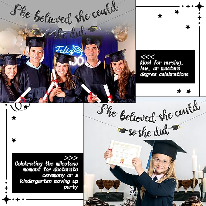 She Believed She Could So She Did Banner - Pre-Strung Glitter Graduation Decorations 2026 for Women Girls, Inspirational Grad Party Supplies, Class of 2026 College High School Masters PhD Decor (Black)