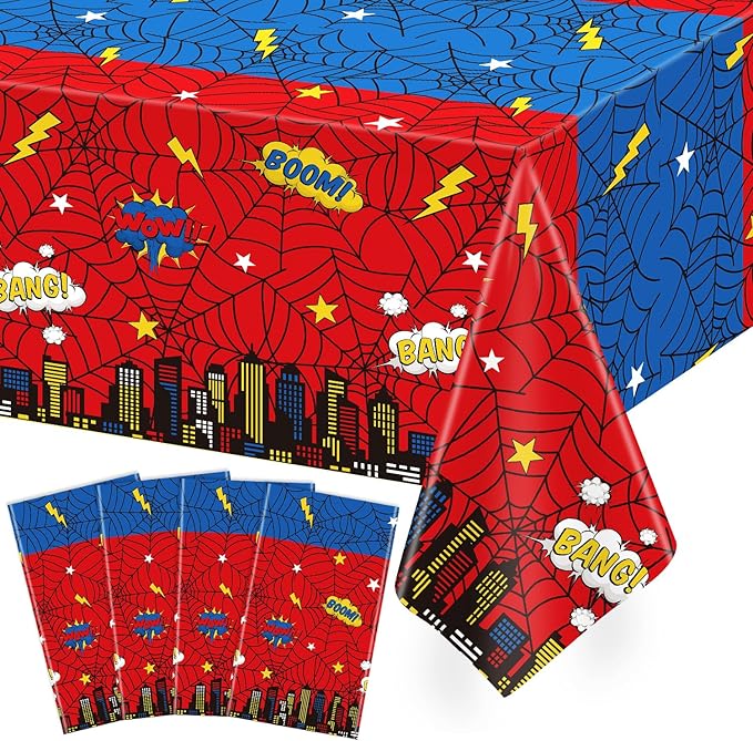 4Pack Spider Web Themed Birthday Party Tablecloths Red Blue Cartoon Plastic Table Cover City Web Theme Table Cloth for Baby Shower Kids Boys Birthday Party Supplies 86X51inches