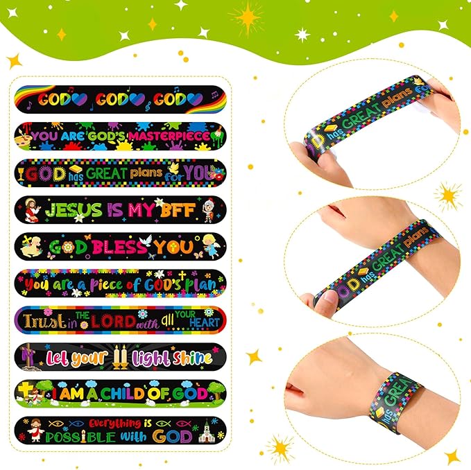 Frienda 40 Pcs Bible Verses Religious Christian Slap Bracelets for Kids VBS Jesus Love You Wristbands Inspirational Motivational Christian Slap Bracelets Sunday School Supplies (Religious)