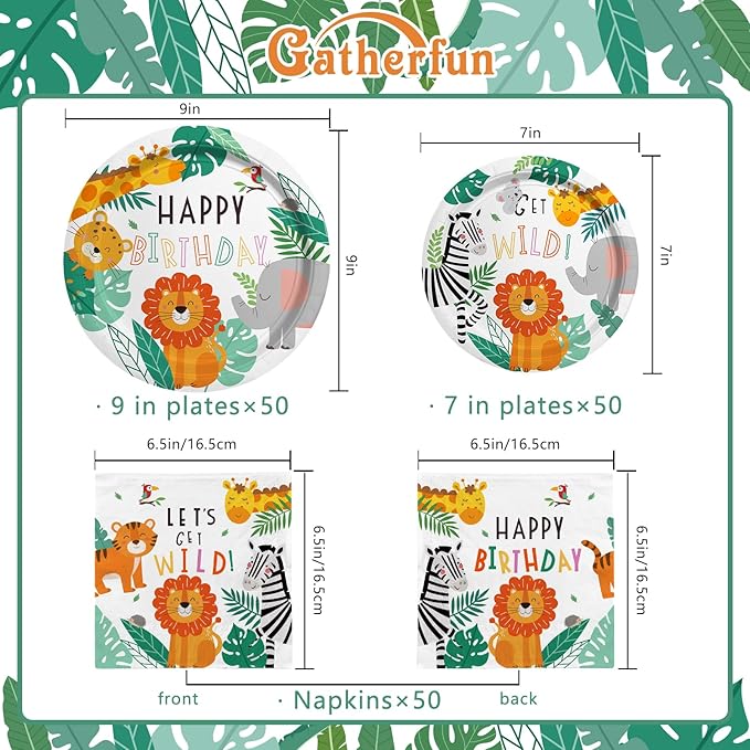 Gatherfun Safari Birthday Party Supplies Jungle Disposable Paper Plates Napkins for Safari Jungle Theme Birthday Decorations, Serve 50