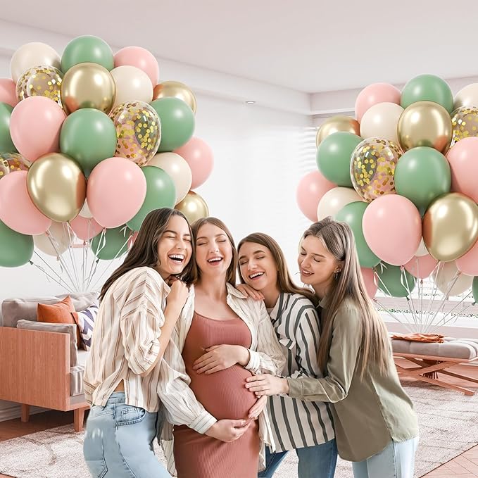 60pcs Pink and Green Balloons 12inch with Sage Green Light Pink Sand White Metallic Gold Confetti Balloons for Birthday Bridal Shower Boho Baby in Bloom Baby Shower Decorations