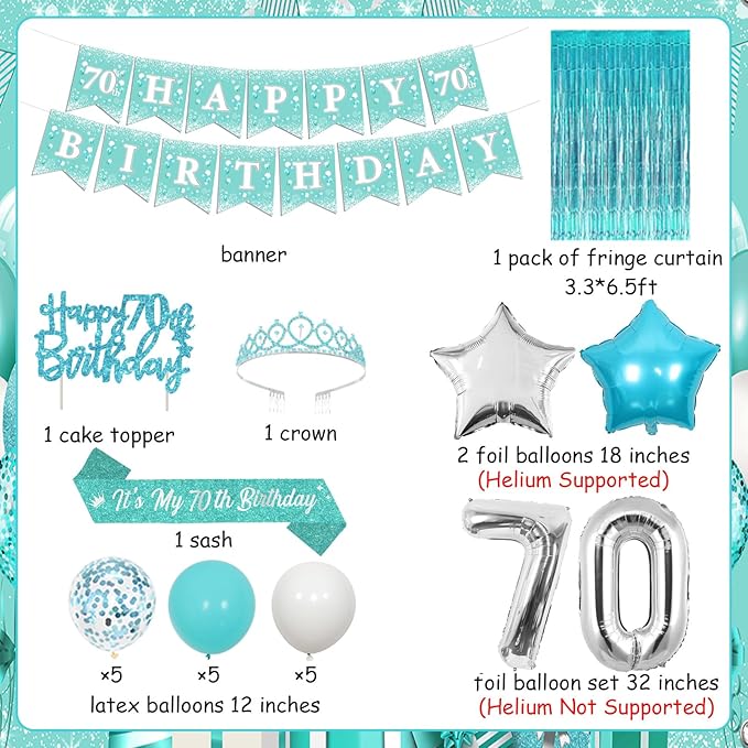 Funmemoir Teal 70th Birthday Decorations for Women, Happy 70th Birthday Party Banner Sash Tiara Balloons Foil Fringe Backdrop and Cake Topper, Teal Blue Theme 70 Years Old Party Supplies