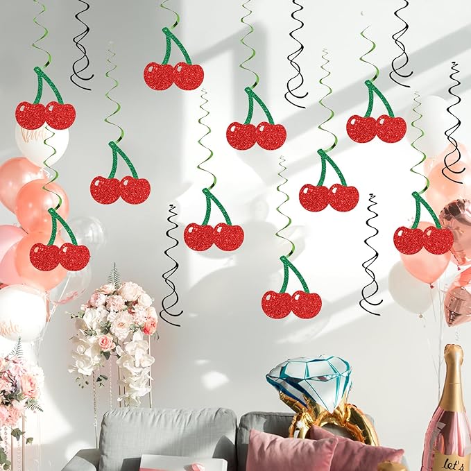 Fruit Cherry Hanging Swirl Decorations - Glitter 16 Pcs Baby Shower Party Supplies - Girl Cherry Birthday Party - Engagement - Wedding Streamers - Sweet Cherry Party Foil Swirls Ceiling Decorations
