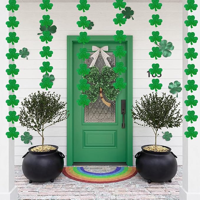 6Pcs Green St Patricks Day Garland Saint Patricks Shamrock Garland Hanging Shamrock St. Patrick's Day Garland Decorations for Home Mantel Office Irish Day Party Supplies (NO DIY)