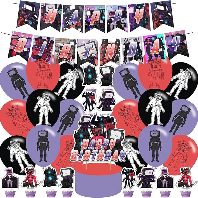 Titan TV Man Birthday Party Supplies, Multicolor, Includes Happy Birthday Banners, Balloons, Cake Toppers and Cupcake Toppers for Kids Gifts