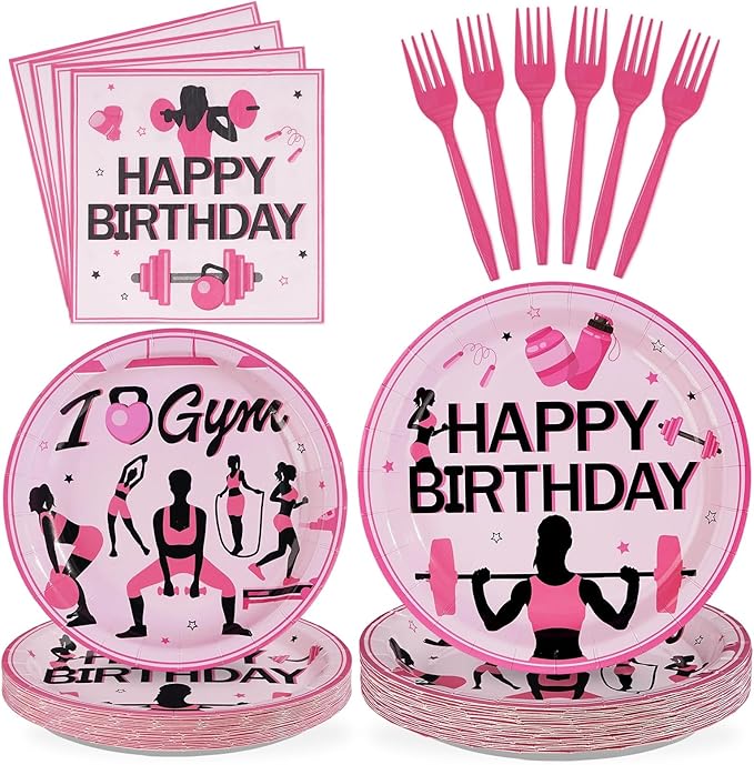96Pcs Gym Happy Birthday Party Decoration Black and Pink Work Out Weight Plates and Napkins Disposable Weightlifting Equipment Tableware Set for Bodybuilding Girl Birthday Party Supplies Serves 24