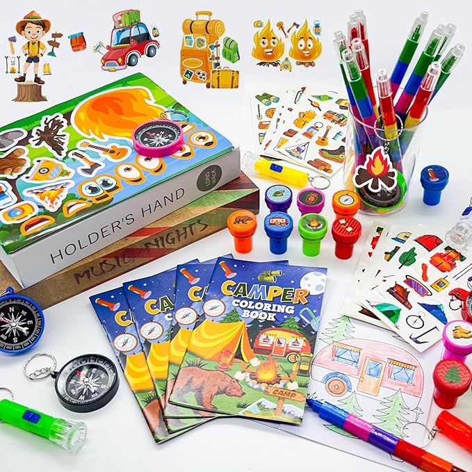 Cinrobiye 72 Pcs Happy Camper Party Favors Bulk, Summer Camper Birthday Party Supplies, Adventure Camping Coloring Book with Crayons Tattoos Stampers for Pinatas Gifts，Camper Party Goodie Bag Fillers