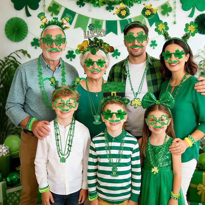146 PCS St. Patrick's Day Accessories Party Favor Set, Shamrock Headbands, Clover Glasses, Bead Necklaces, Rubber Bracelets, Temporary Tattoos & Mustaches, Irish Green St Patrick’s Day Party Supplies