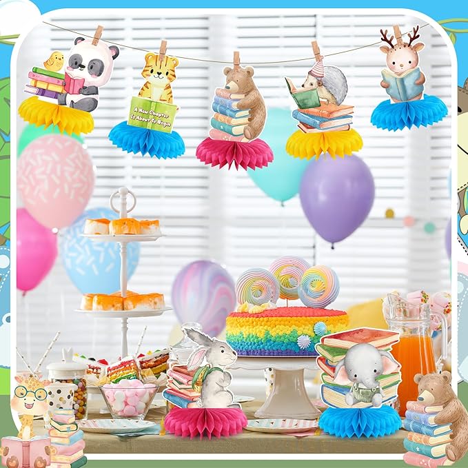12 Pcs Book Party Decorations a Chapter Is About to Begin Honeycomb Centerpieces Book Animal Storybook Table Decoration Lions Tigers Bears Elephants Table Topper for Party Decor