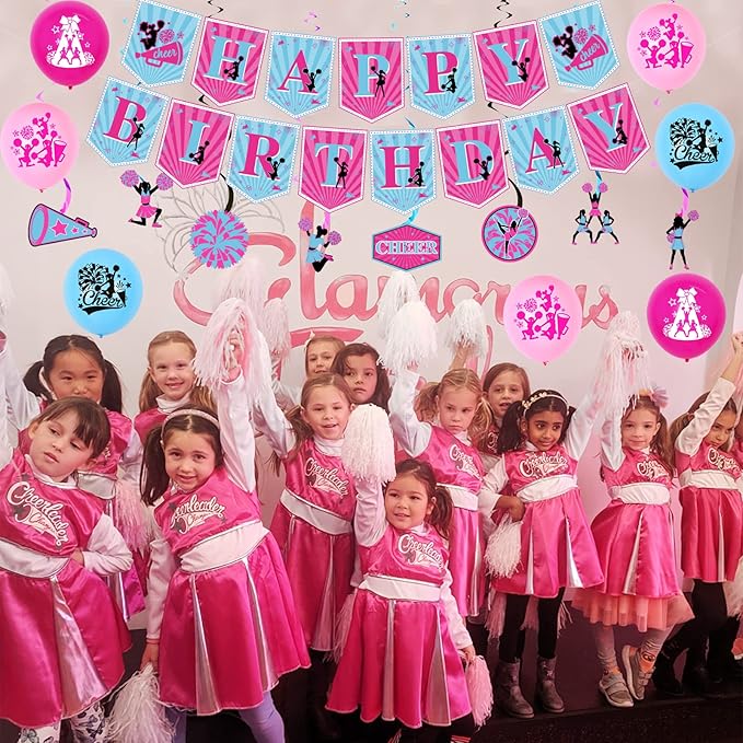 Cheerleading Party Decorations for Girls - Hot Pink Blue Happy Birthday Banner, Cake Topper, Hanging Swirls, Balloons for Cheer Gymnastics We've Got Spirit Party Supplies