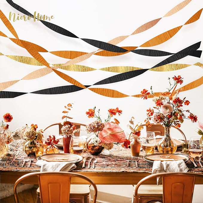 Thanksgiving Party Decorations, 8 Rolls Black Orange Gold Crepe Paper Streamers, Paper Tassels Party Streamer for Fall Autumn Thanksgiving Day Halloween Party Decoration