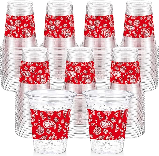 100 Pcs Western Plastic Cups 12 oz Clear Disposable Plastic Cowboy Cowgirl Drinking Cups Bulk for Boho Preppy Baby Shower Birthday Wild West Party Decoration Supplies(Red Bandana,Red)