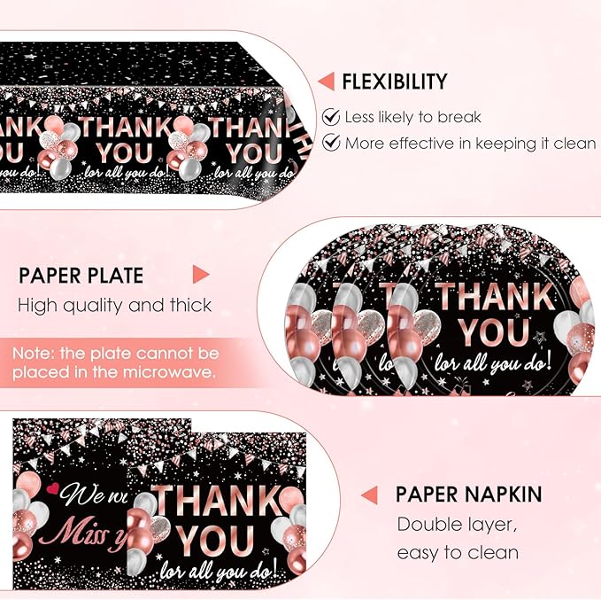 41Pcs Black Rose Gold Thank You Decorations Thank You for All You Do Tableware Disposable Paper Plates Napkins Tablecloth丨Teacher Employee Staff Doctors Nurse Pastor Appreciation Week Party Decor