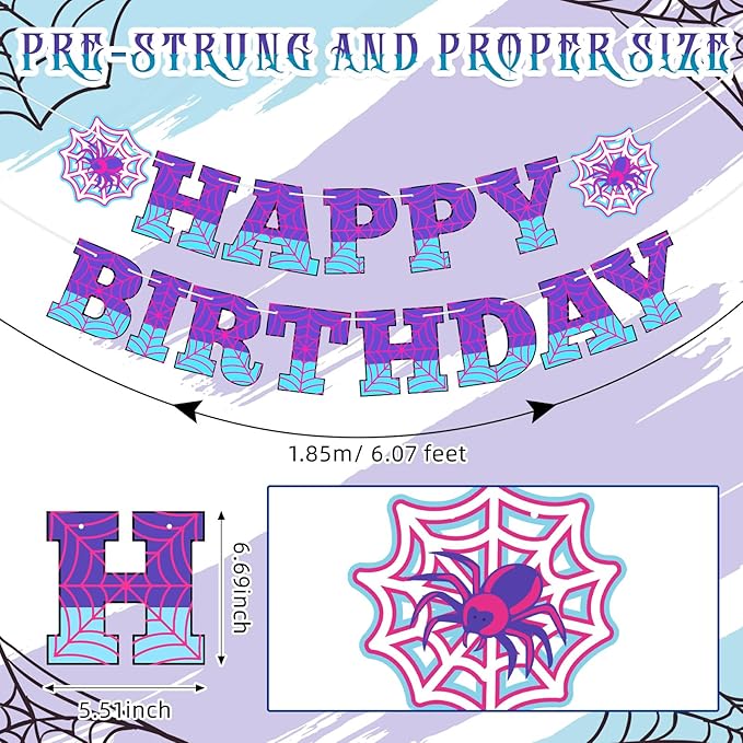 Oudain Spider Theme Birthday Banner Decorations Pre-strung Spider Web Happy Birthday Banner Flags Sign Cartoon Backdrop Party Supplies Favors(Purple Blue)