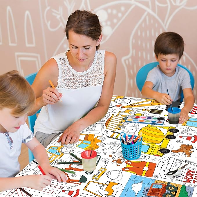 Construction Coloring Tablecloth for Kids, Huge 30x72 Inch Poster with Trucks, Cranes, Bulldozers, Tools, Idea for Party Games, Construction Decorations, Classroom Activities