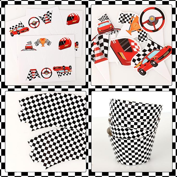 48 Pack Race Car Cupcake Toppers and Wrappers, Race Car Party Cake Decoration for Racing Checkered Theme Birthday Party Baby Shower Supplies