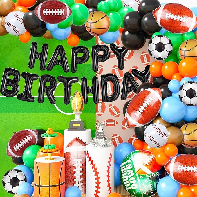 Sports Birthday Party Decorations Football Basketball Baseball Soccer Balloons, Aluminium Foil Happy Birthday Banner Sports Themed Party Supplies for Boys Kids