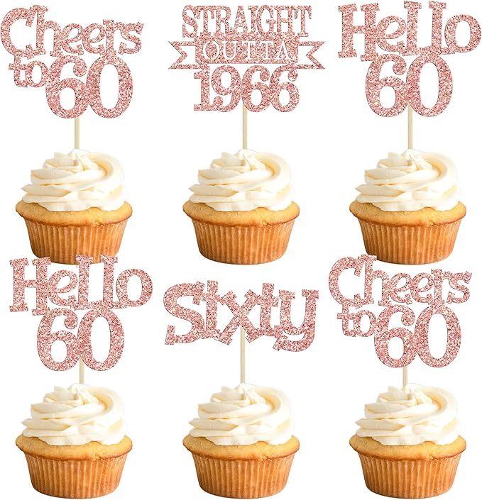 Ephlyn 24Pcs Happy 60th Birthday Cupcake Toppers Glitter Straight Outta 1966 Cupcake Picks Hello 60 Cheers to 60 Years Birthday Cake Decorations for 60th Birthday Anniversary Party Supplies Rose Gold