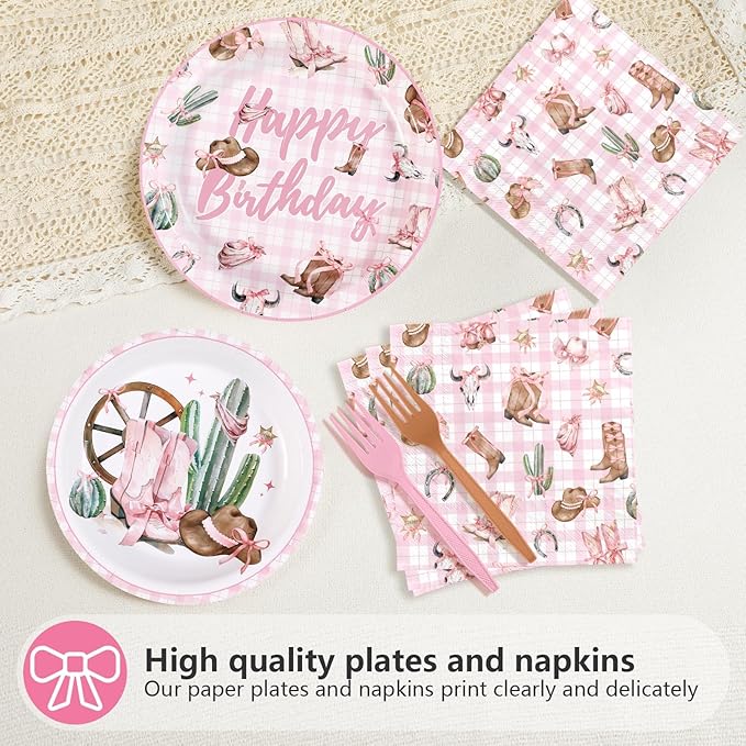 Grencian 96Pcs Western Cowgirl Birthday Party Decorations Coquette Bow Cowgirls Plates and Napkins Pink Cowgirls Tableware for Girls Western Birthday Baby Shower Party, Serves 24