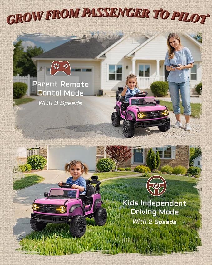 First Ride On 12V Electric Ride on Toys for Toddler, Ford Bronco Raptor Kids Ride on Car with Remote Control, 12 Volt Battery Powered Cars for Children with Smooth Start, Bluetooth (12V, Pink)
