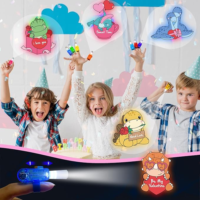 24 Pack Valentines Day Gift for Kids Boys Girls, Dinosaur LED Finger Lights with Cards, Glow in the Dark Toys, Classroom Exchange Prize, Goodie Bag Stuffers, Dino Valentine Party Favors