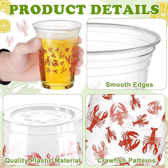 Kochorie 16 Oz Plastic Crawfish Boil Cups 120 Pcs Crawfish Party Supplies Clear Cups Plastic Drinking Cup Lobster Cups Crawfish Boil Party Cups for Lobster Seafood Party Birthday Decoration